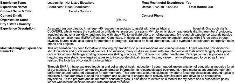 AMCAS Most Meaningful Activity Example - Clinical Leadership