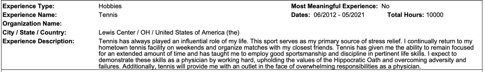 Hobbies - AMCAS Activity Example