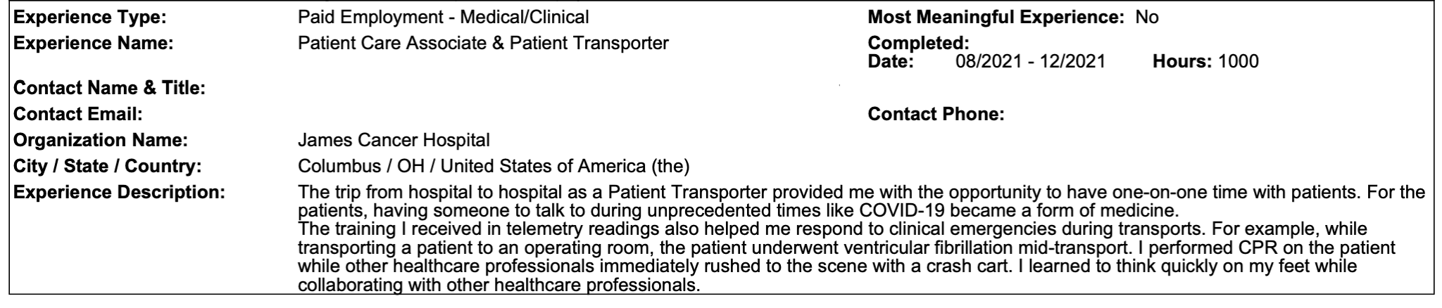 Cracking Med School Admissions AMCAS Work and Activities - Paid Employment Example
