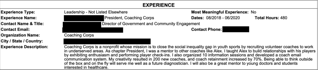 AMCAS work and activities leadership example